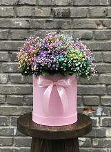 Цветочная композиция из Гипсофила и Розы в шляпной коробке в Пяозерский