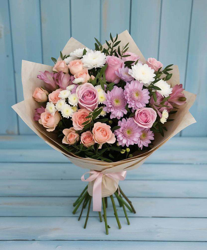 Букет цветов из: Хризантемы, Розы и Альстромерии в Пяозерский