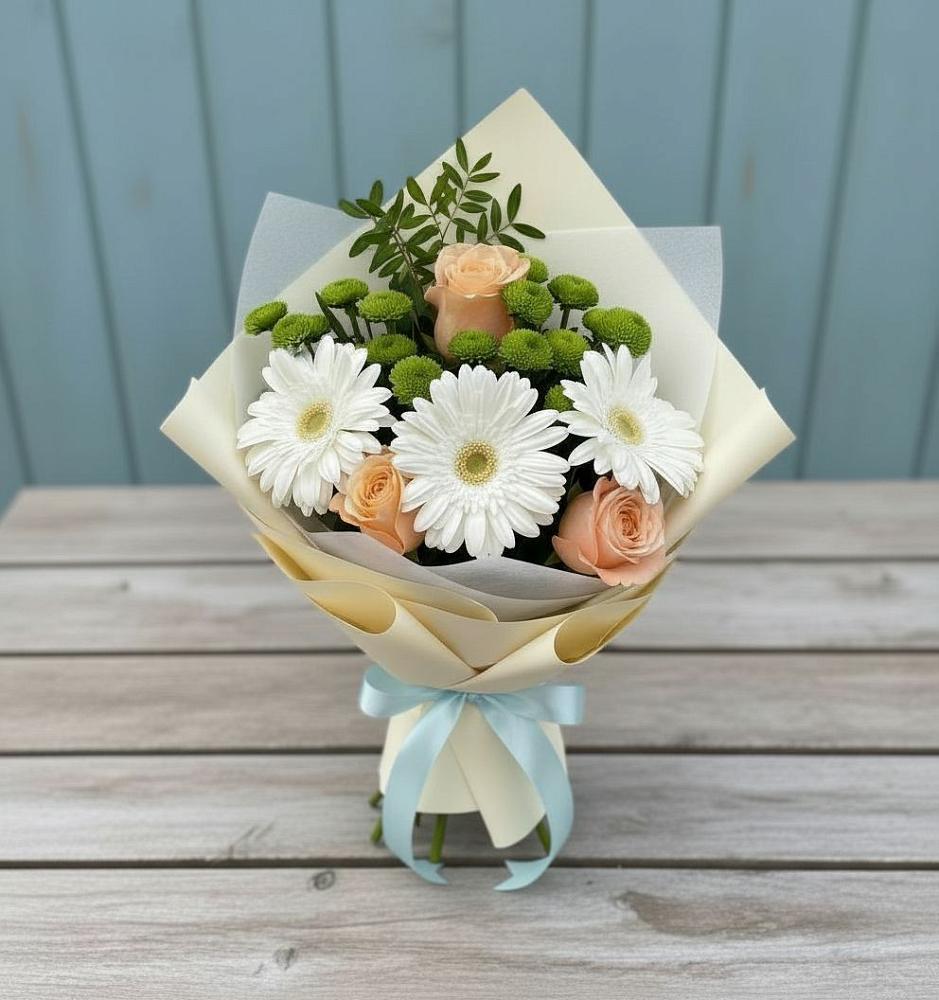Букет цветов из: Герберы, Розы и Хризантемы в Пяозерский