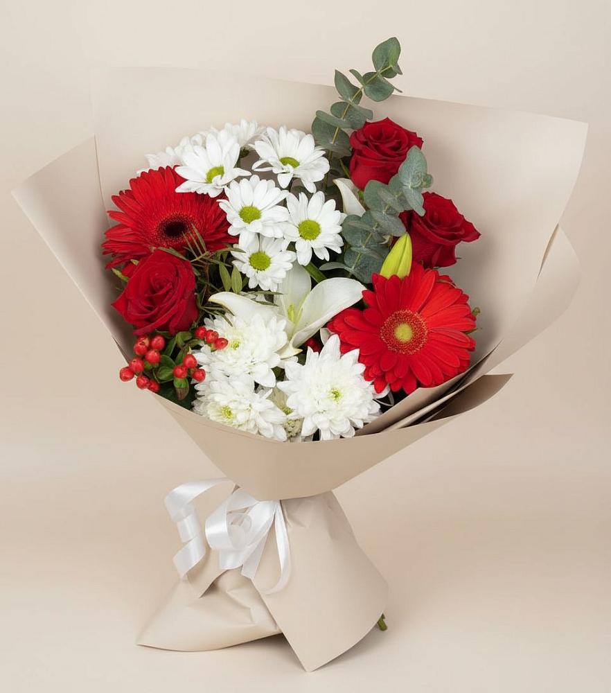 Букет цветов из: Розы, Хризантемы, Герберы и Лилии в Пяозерский
