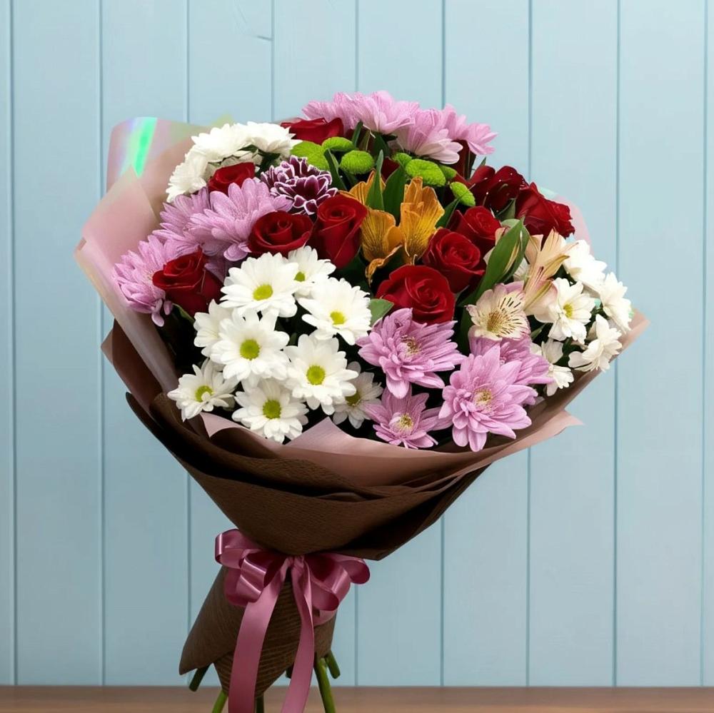 Букет цветов из: Розы, Хризантемы и Альстромерии в Пяозерский